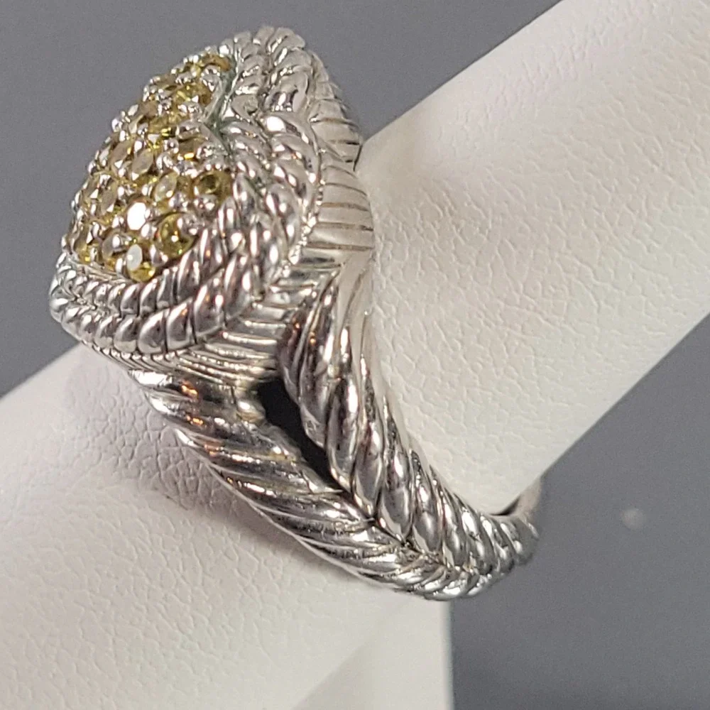 Judith Ripka Sterling Silver Heart Ring Size 6 Peridot Yellow-Green Pave Stones